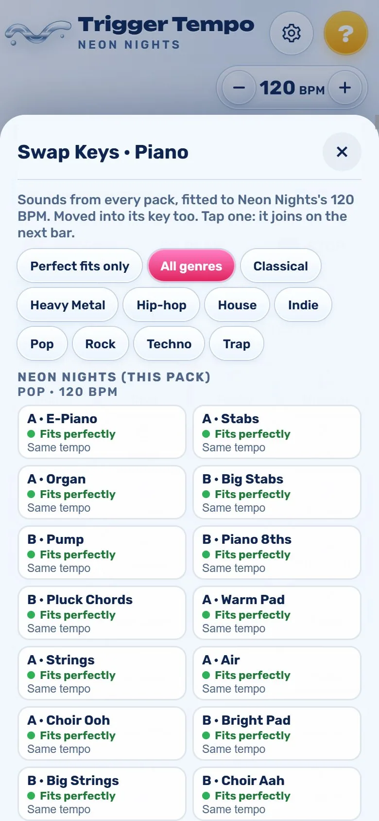 Choosing a new keys sound from other packs, each marked Fits perfectly
